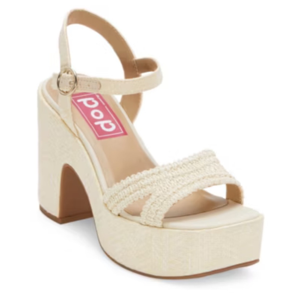 NWT Pop Womens Applaud Heeled Sandals, off-white, raffia, block heel, size 10